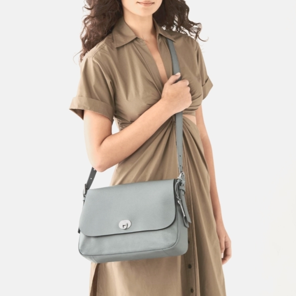 Fossil Leather Grey Harper Large Flap Crossbody Purse - Picture 2 of 16